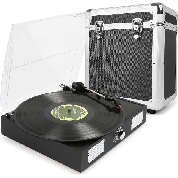 Platenspeler - Fenton RP108B platenspeler met ingebouwde speakers en zwarte platenkoffer voor 60 platen