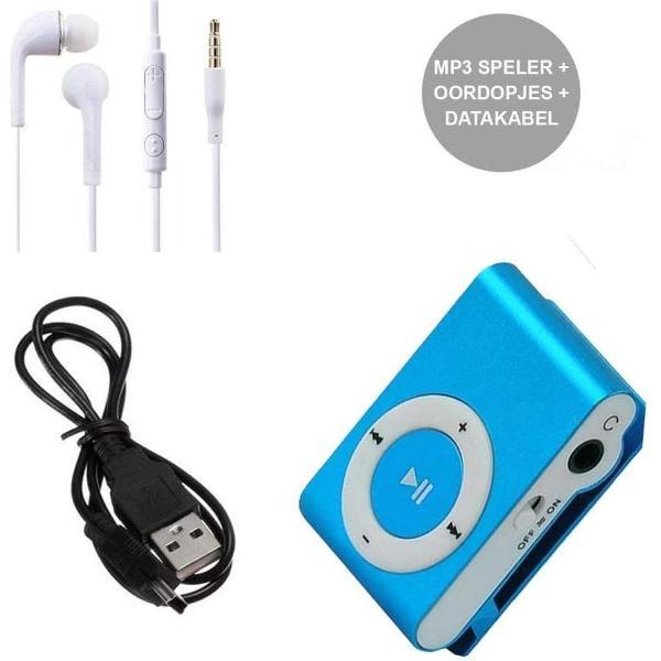 Mini MP3 Speler met Oordopjes en USB Kabel Blauw