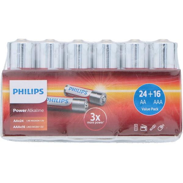 Philips Power Alkaline Batterijen - voordeelpak 40 stuks - 24x AA - 16x AAA