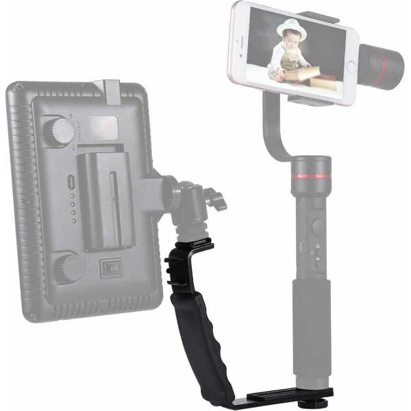 PULUZ L-vormige beugel Handzame handgreephouder met Dual Side Cold Shoe-steunen voor videolichtflitser, DSLR-camera