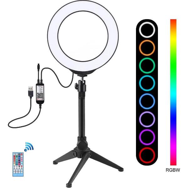 PULUZ 6,2 inch 16 cm RGBW-licht + Desktop-statiefbevestiging + USB-dimbare LED-ring Vlogging-fotografie Videolichten met koude schoen Statief Balhoofd en afstandsbediening (zwart)