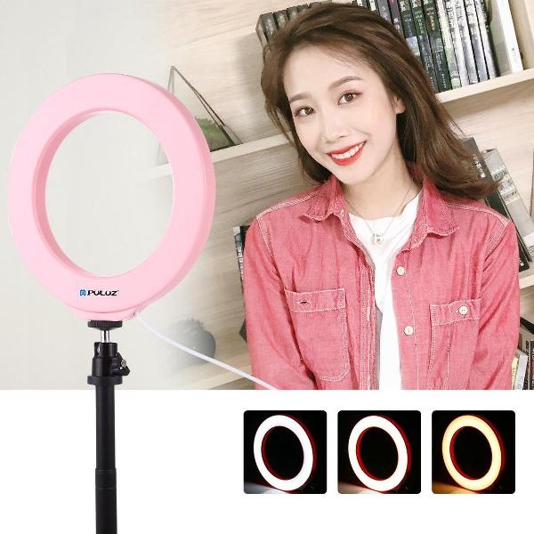 PULUZ 4.7 inch 12cm USB 3-standen Dimbare LED-ring Vlogging Fotografie Videolichten met koude schoen Statief Balhoofd (roze)