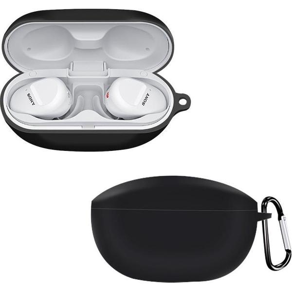 Luxe Siliconen Hoesje Voor Sony WF-SP800N Draadloze Oordopjes - Soft Case Cover Protector - Travel Beschermhoes - Reis Opberghoes Shell Beschermer Hoes - Met Musketon Haakje - Zwart