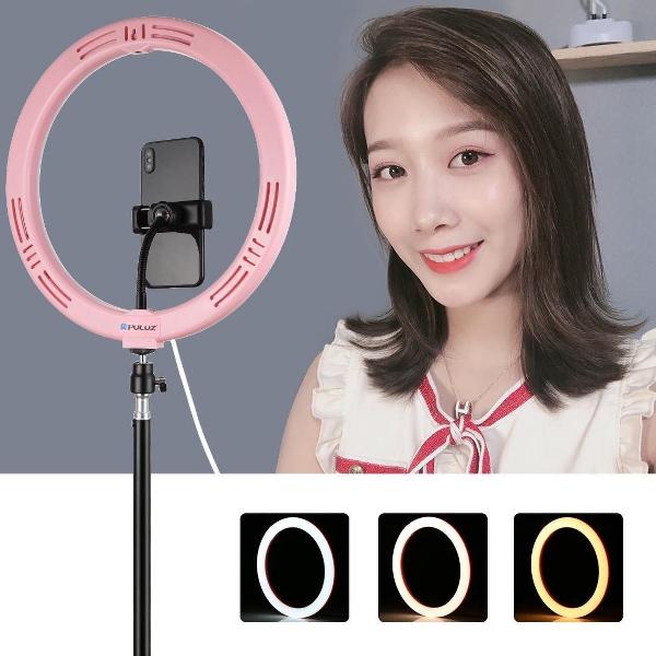 PULUZ 11,8 inch 30 cm USB 3 standen Dimbaar Dubbele kleurtemperatuur LED Gebogen diffuse lichtring Vloggen Selfie Fotografie Videolichten met telefoonklem (roze)