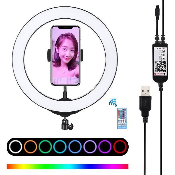 PULUZ 10,2 inch 26 cm USB RGBW Dimbare LED-ring Vlogging Fotografie Videolampen met koude schoen Statief Kogelkop & afstandsbediening & telefoonklem (zwart)