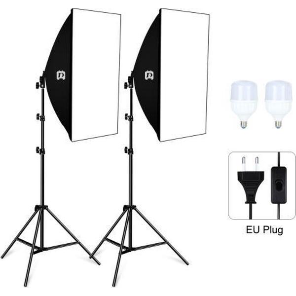 PULUZ Softbox-verlichtingsset 2 STUKS 50x70cm Professionele fotostudio-fotografie Lichtapparatuur met 2 x E27-fittinglamp Fotografie-verlichtingsset voor het filmen van portretopnamen / mode-reclamefotografie (EU-stekker)