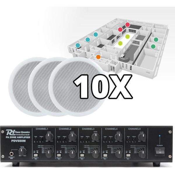Complete 100V 5-zones geluidsset met 10 plafondspeakers en kabels