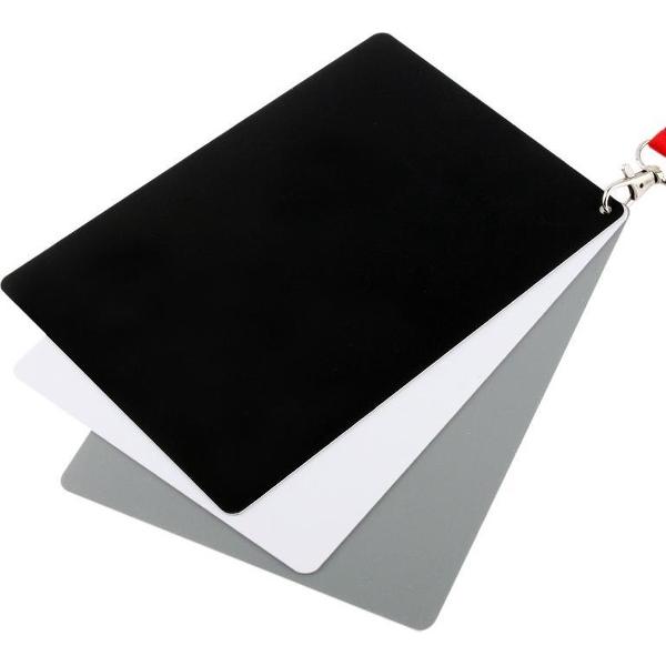 3-in-1 zwart-witgrijze balanskaart / digitale grijskaart met riem, werkt met elke digitale camera, bestandsvorm: RAW en JPEG, afmeting: 17,5 cm x 12 cm