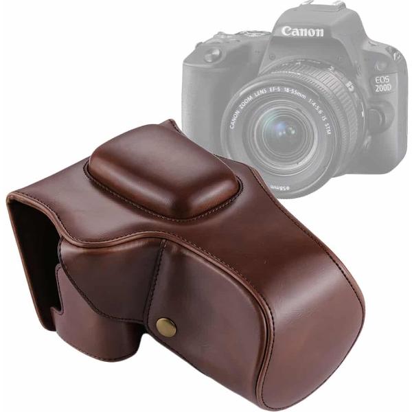 Full Body Camera PU lederen tas tas voor Canon EOS 200D (18-55mm lens) (koffie)