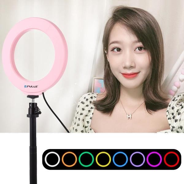 PULUZ 4.7 inch 12cm USB 10 modi 8 kleuren RGBW dimbare LED-ring vloggen fotografie videolichten met koude schoen statief balhoofd (roze)