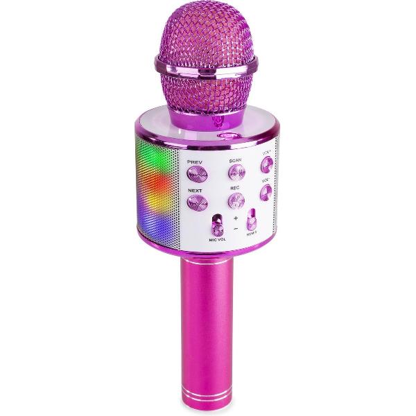 Karaoke microfoon - karaoke set - MAX KM15P draadloze karaokemicrofoon met ingebouwde LED's, speaker, Bluetooth, selfiefunctie mp3, echo effect & stemvervormer - Roze