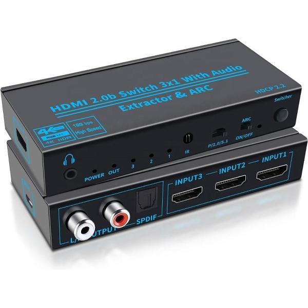 HDMI Switch 3 in 1 uit poort + Afstandsbediening | 4K@60Hz | Aux – Optical – SPDIF | 4K HDR | HDCP 2.2 | ARC