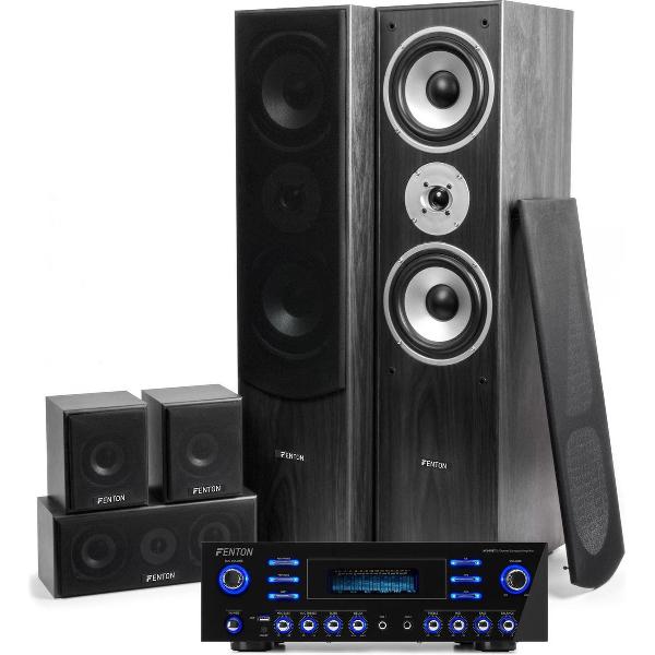Surround set home cinema - Fenton home cinema surround set met 5 speakers + versterker met Bluetooth en mp3 speler - 510W - Zwart