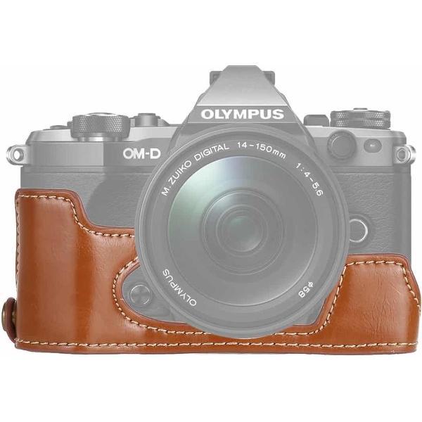 1/4 inch draad PU lederen camera half behuizing basis voor Olympus EM5 / EM5 Mark II (bruin)