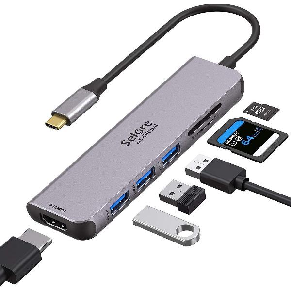 usb c naar hdmi - USB C-adapter aan HDMI Selore 6-in-1 Multiport USB C-adapter, USB C-hub Docking Station met HDMI 4K 60Hz, 3 USB 3.0-poorten, SD / TF Card Reader