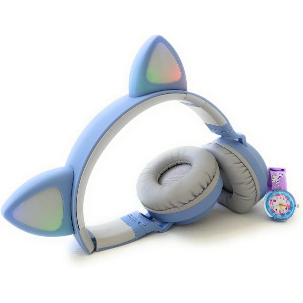 ZaCia Bluetooth Draadloze On-Ear Koptelefoon voor Kinderen Blauw Incl. educatief kinderhorloge - Kattenoortjes - Kinder Hoofdtelefoon - Microfoon - HiFi Stereo Audio - Handsfree - Gehoorbescherming - Schakelbare LED-verlichting - Noise Cancelling