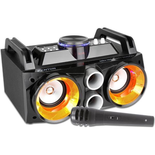 Bluetooth speaker - Fenton MDJ100 Bluetooth speaker met mp3 speler en LED disco verlichting - Inclusief microfoon voor karaoke - 100W