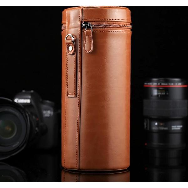 Extra grote lenshouder PU lederen etui met ritssluiting voor DSLR-cameralens, maat: 24,5 * 10,5 * 10,5 cm (bruin)