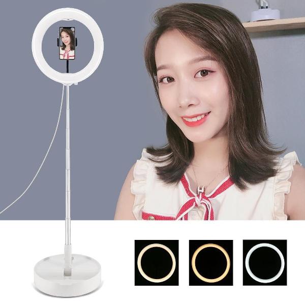 PULUZ 10,2 inch 26 cm USB 3-standen Dimbaar Dubbele kleurtemperatuur LED Gebogen ring Vlogging Selfie Fotografie Videolichten met opvouwbare desktophouder en telefoonklem (wit)