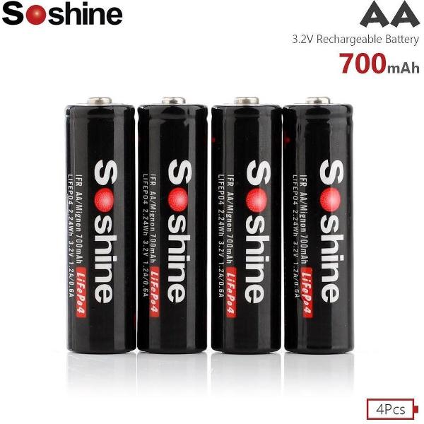 4x Soshine AA Oplaadbare Batterijen 14500 LiFePO4 3.2V AA 700mAh