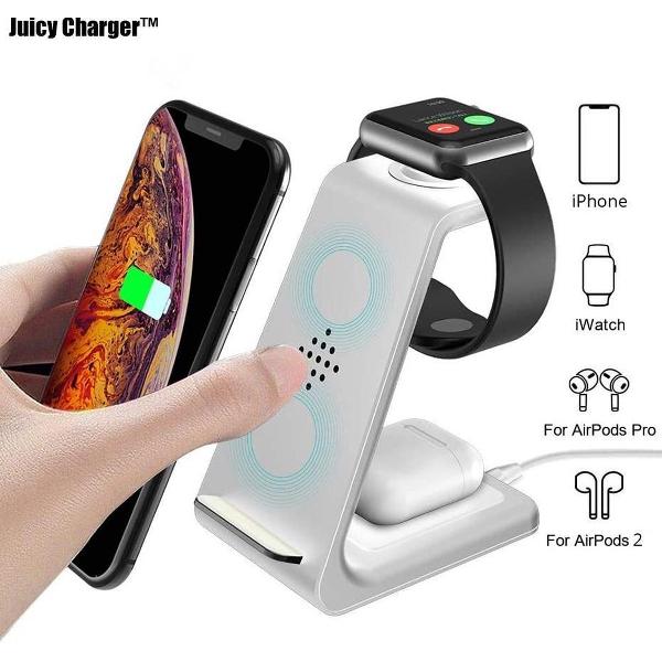 Juicy Charger™ 3-in-1 Draadloze Apple Oplader Wit- Wireless Charger voor iPhone, iWatch en Airpods Pro - Qi Lader
