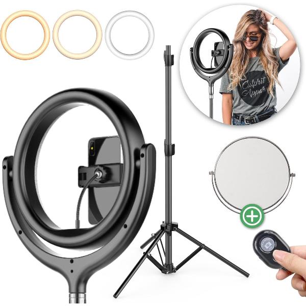 Lumalux® LED Ringlamp – Met Statief – Ringlight – Tripod - Studiolamp – USB Ring Statief – Met Make-up Spiegel