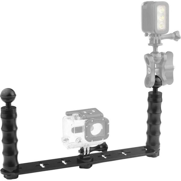 PULUZ Duiken Dual Hand-held CNC Aluminium Selfie Monopod Holder voor DJI Osmo Action, GoPro NEW HERO / HERO7 / 6/5/5 Session / 4 Session / 4/3 + / 3/2/1, Xiaoyi en andere actiecamera's (zwart )