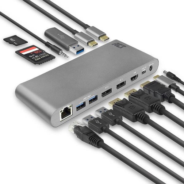 USB-C Docking station - geschikt voor 2 monitoren via HDMI - DisplayPort - ethernet - USB hub - cardreader - audio - ACT AC7046