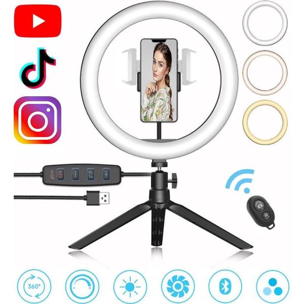 LED Ringlamp met Statief en Telefoonhouder - incl. Bluetooth Afstandsbediening - Selfie Ring Light - Ringlight - Make Up Licht - Flitser - Studiolamp - ⌀ 26cm - Zwart
