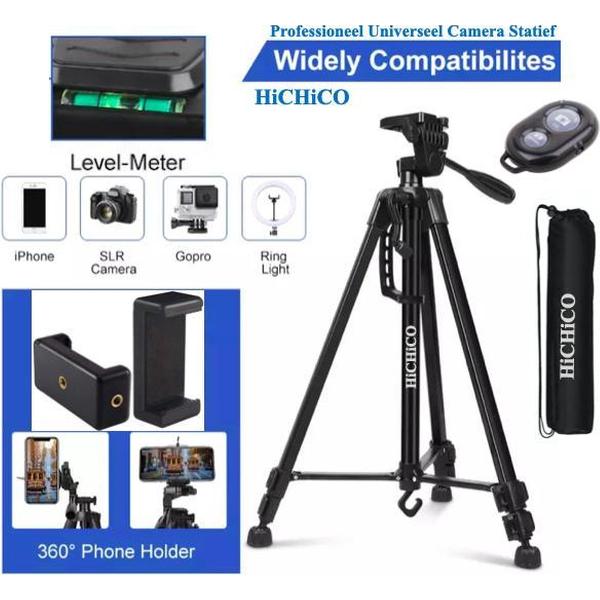 Professioneel Universeel Camera Statief Met Handgreep en Hendel - Smartphone Tripod Zwart - Inclusief Bluetooth Remote Shutter, Telefoonhouder, opbergtas en waterpas, Model VCT-3366 van HiCHiCO