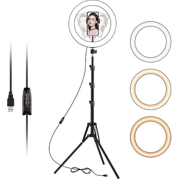 SAMMIT® LED Ringlamp met Statief Smartphone 180 CM - Ringlamp USB 10 inch- 3 Lichtstanden - Tiktok / Video/ Foto/ Studiolamp