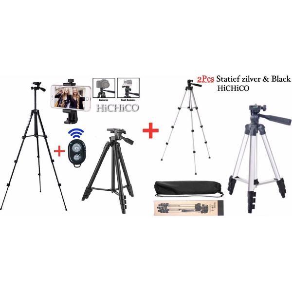 2x Smartphone Tripod Camera Statief voor Fotocamera en Smartphone - iPhone - Canon – Nikon - Spiegelreflexcamera + Bluetooth Remote Shutter en Waterpas 1x Zilver en 1x Zwart – HiCHiCO Model 3120 en 3110