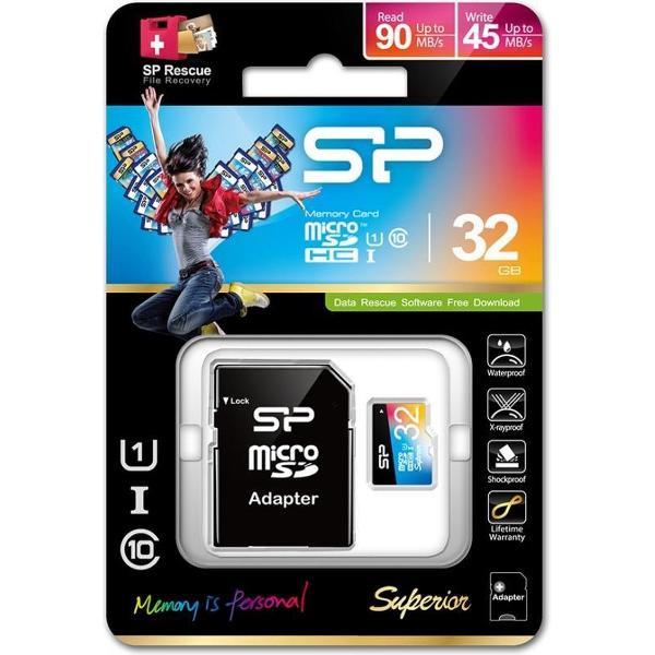 Silicon Power 32GB Superior MicroSDHC Class10 UHS-1 R90/W45Mb/s incl. SD-adapter Zwart