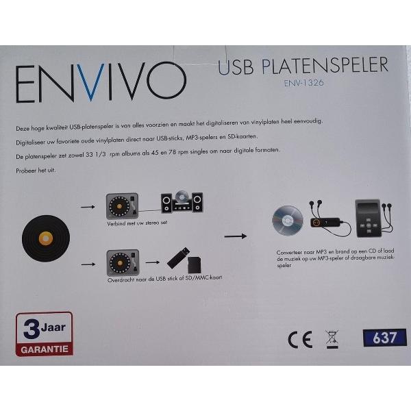 Envivo USB platenspeler ENV-1326, met ingebouwde stereo speakers, directe overdracht op USB-stick/SD-kaart, LCD-display