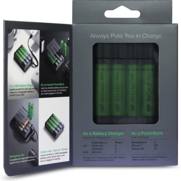 GP Charge Anyway Powerbank incl. 4x AA batterijen 2600mAh + 2 AA/AAA beschermdoosjes