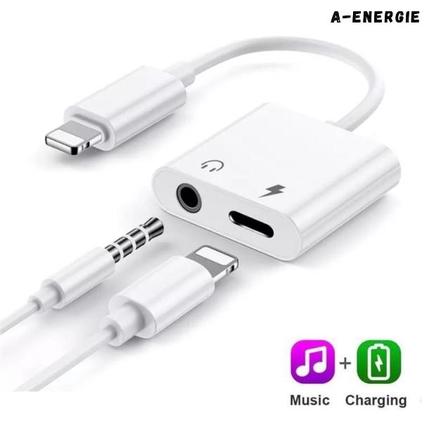 A-Energie™ - Splitter iPhone - Lightening Adapter - 2 in 1 audio lightening - Apple Splitter Audio Jack Microfoon - Audio en Opladen - Audio en Lightening 3,5 mm - wit