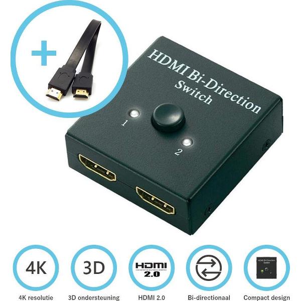 HDMI 2.0 bi-directionele schakelaar - Inclusief HDMI kabel - HDMI Switch - 2 op 1 - 1 op 2 - Ondersteunt 4K 3D HDMI 2.0 HDCP 2.2 - DVD - Blu-ray - Xbox - Playstation - TV - Monitors