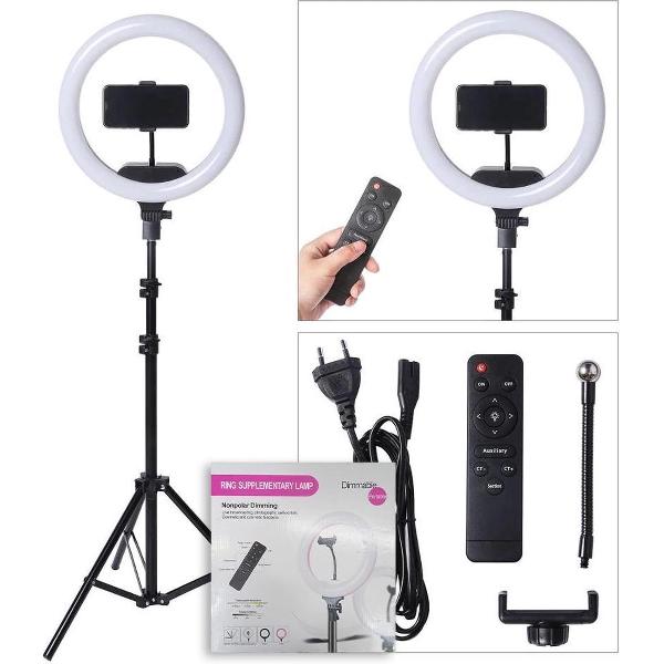 Ringlamp met Statief en Telefoonhouder - Selfie Ring Light Smartphone Houder - LED Ringlight - Ring Lamp - Studiolamp - met Afstandsbediening en Standaard Dimbaar