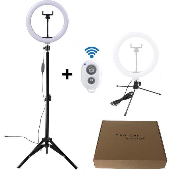 a sunny day ringlamp met statief (verstelbaar), telefoonhouder, bluetooth afstandsbediening en tafelstatief - LED - 26 cm/10 inch -136 cm hoog