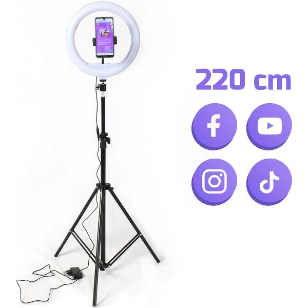 Ringlamp met statief, telefoonhouder en afstandsbediening | LED 3 kleuren & 10 lichtstanden | Verstelbare hoogte tot 220 cm | Geschikt voor social media & webinars