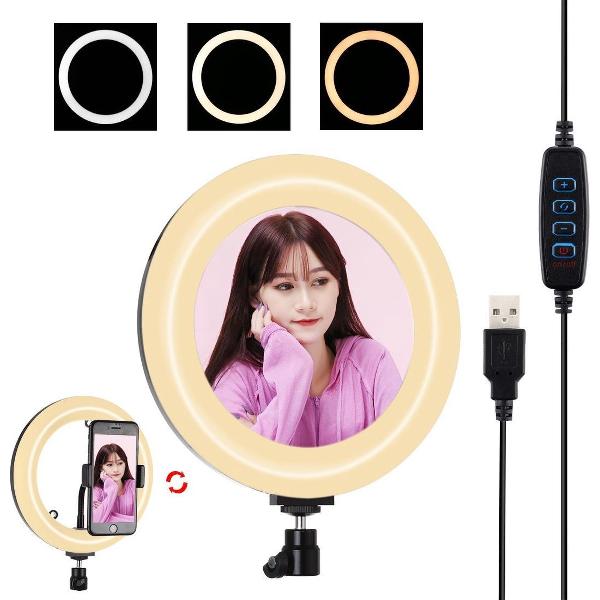 PULUZ 7.9 inch 20cm USB 3-standen Dimbaar Dubbele kleurtemperatuur LED Gebogen lichtring Vloggen Selfie Fotografie Videolichten met spiegel (zwart)