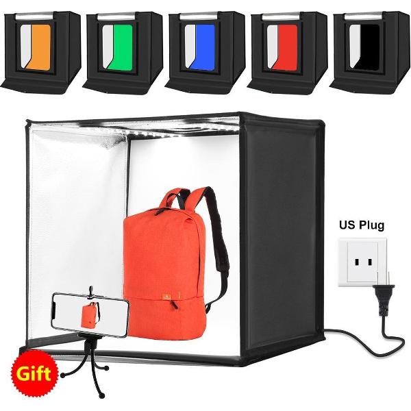 PULUZ PSE-gecertificeerde fotostudio-lichtbak Draagbaar 60 x 60 x 60 cm Lichttent LED 5500K Mini 60W Fotografie Studio-tentkit met 6 verwijderbare achtergrond (zwart, oranje, wit, groen, blauw, rood)