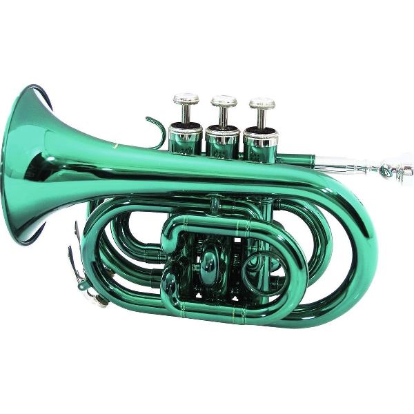 DIMAVERY Pocket Trompet - blaasinstrument - TP-300 Bb - Groen - inclusief koffer