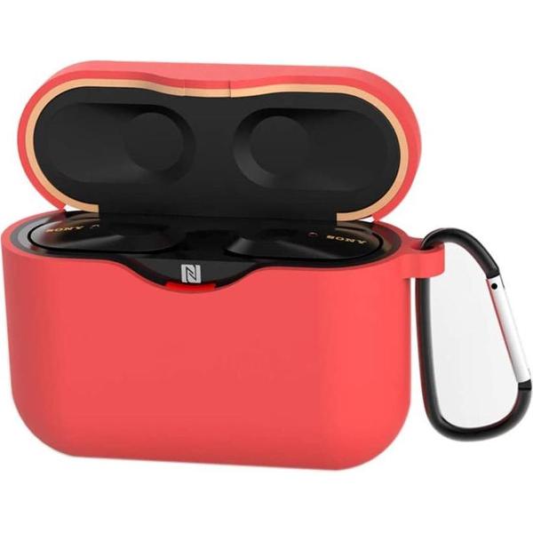 Luxe Siliconen Hoesje Voor Sony WF-1000XM3 Draadloze Oordopjes - Soft Case Cover Protector - Travel Beschermhoes - Reis Opberghoes Shell Beschermer Hoes - Met Musketon Haakje - Rood