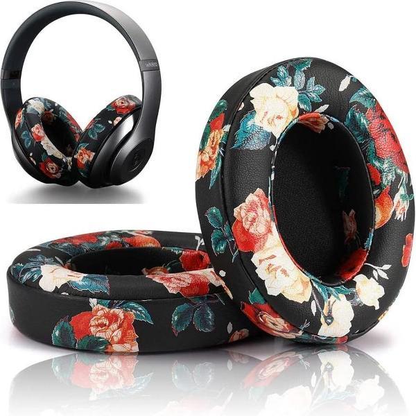 Luxe Lederen Oorkussen Set Voor Beats By Dr. Dre Studio 2.0/3.0 Wireled/Wireless - Vervangende Koptelefoon Earpads - Oor Kussens - Ear Pads - Oorkussens Met Noise Cancelling Memory Foam Binnenlaag - Black Flowers