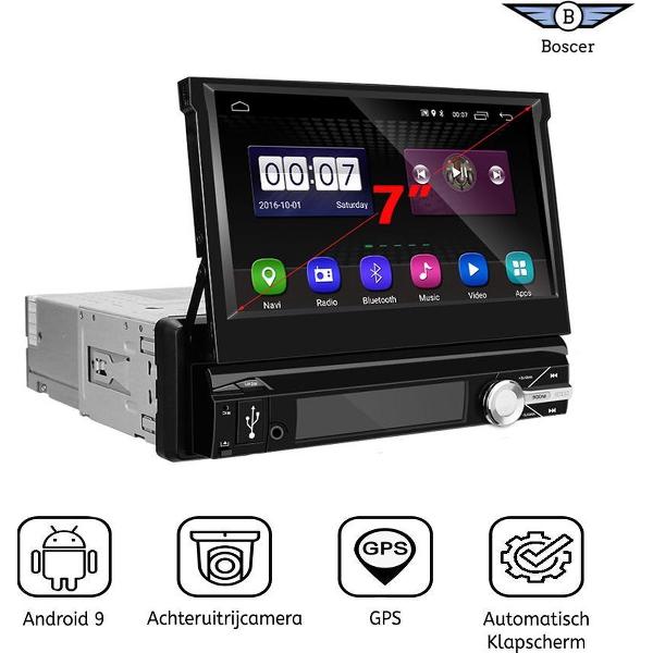 Boscer® 1Din Autoradio | Android 9 | 7' HD Automatisch Klapscherm | Navigatiesysteem | Motor Klapscherm | USB, Aux, Bluetooth, WIFI | Achteruitrijcamera