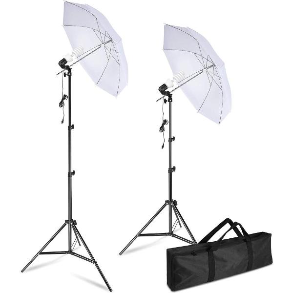 SupplyU Flitsparaplu Set - Softbox Studiolamp - Met Statieven, Paraplu's, 2x 45W Lampen en Draagtas - 84cm - Zwart