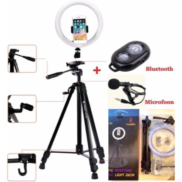 Selfie LED Ring Lamp met Professioneel Universeel Camera Statief Inclusief Bluetooth afstandsbediening, microfoon en Telefoonhouder - lamp -Ringlamp - flitser – Make up light – Studiolamp – Ring Light Compleet Set met Doos HiCHiCO model CANDC