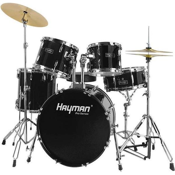 Hayman Drumstel - Beginner Drumstel - compleet drumstel - drumstel voor kinderen - akoestisch drumstel - drumstel voor volwassenen - Zwart drumstel - drumstel met bekkens
