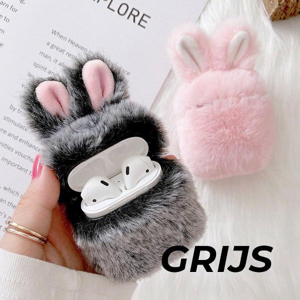 Bunny Airpods pro hoesje - konijnen hoesje - Geschikt voor Apple AirPods PRO - Grijs - Fluffy / Pluche